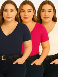Kit With 3 Basic Women's Plus Size V-Neck Blouses - Navy Blue/pink/off - View 1