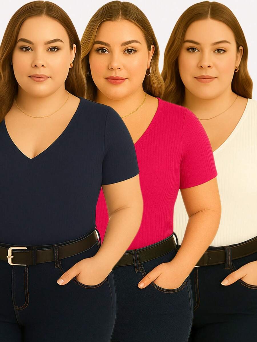 Kit With 3 Basic Women's Plus Size V-Neck Blouses - Navy Blue/pink/off - View 1
