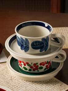 DearDali 复古手绘陶瓷咖啡杯碟套装，创意花卉图案马克杯，适用于咖啡馆、拿铁、卡布奇诺、摩卡、热巧克力，是办公室水杯的理想选择，是咖啡爱好者的礼物，是乔迁结婚礼物（1 套，250 毫升）