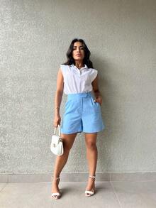 Women's Linen Shorts - Blue - View 3