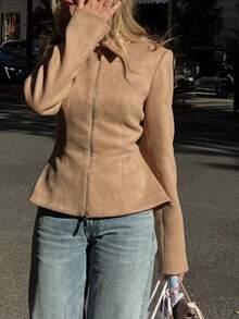 Women's Solid Color Faux Suede Zip-Up Collar Vintage Jacket, Suitable For Everyday Wear In Autumn And Winter - Khaki - View 6