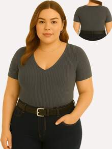 Kit With 3 Basic Women's Plus Size V-Neck Blouses - Black/pink/gray - View 5