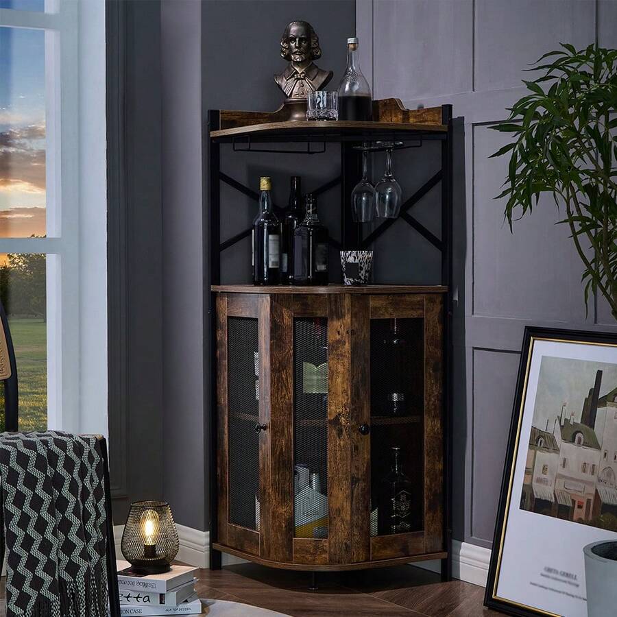 Mueble de Almacenamiento de Esquina de Estilo Industrial y Rústico con Puertas de Malla - Unidad de Esquina Multicapa para la Organización de Sala de Estar y Cocina - Camel - Ver 1