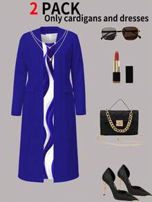 Spring/Autumn Plus Size Women's 2 Pieces Set Dress, Spring Outfit For Women's Office And Formal Occasions Elegant - Blue - View 2