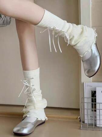 1 Pair Versatile White/Black/Beige/Gray/Khaki Bowknot Y2K Cute Flare Ruffle Leg Warmers, Suitable For All Seasons
