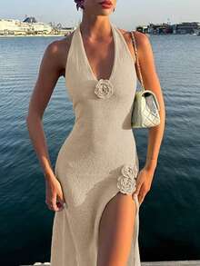 女式度假风格 V 领露背性感针织毛衣裙露背刺绣开腿无袖及地缎面长裙细肩带花卉紧身海滩长款罩衫夏季侧开衩鸡尾酒会礼服