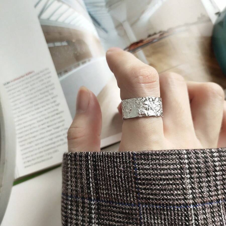 1pc Asymmetrical Wave Pattern Ring, Tree Bark Open Ring, 925 Silver Low Allergy Ring, Suitable For Daily Wear, Wedding, Beach, Thanksgiving, Christmas Gifts - Silver - View 1