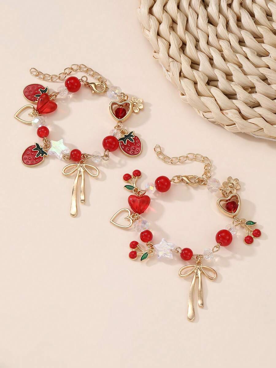 1 pieza Pulsera de niña con cuentas de cereza, fresa, corazón, estrella y lazo, adecuada para decoración diaria - Rojo - Ver 1