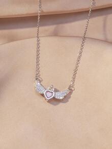 1pc Copper Cubic Zirconia V-Shaped Angel Wing Pendant Necklace, Charming Luxury Fashion Delicate Design Choker Chain Necklace For Women, Party Decor