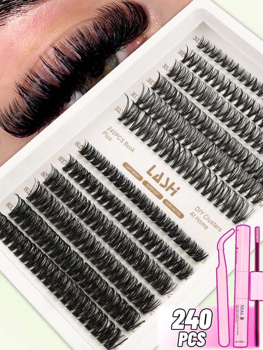240PCS Eyelash Cluster Kit, Natural Eyelash Kit With Eyelash Bonding And Sealing Clustered Tiny Individual Eyelashes, Fluffy Clustered Eyelashes, DIY Eyelash Extensions Soft Natural Look, Salon And Home Use Eyelash Clusters Reusable Daily Makeup Extension Strips Eyelashes, Eyelashes, Eyelashes, False Eyelashes - 黑色 - 查看 1