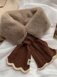 1条女士针织毛绒领围巾，搭配鱼尾缎带拼接设计，适合秋冬季日常保暖搭配连衣裙 - 酒紅花 - 查看 7