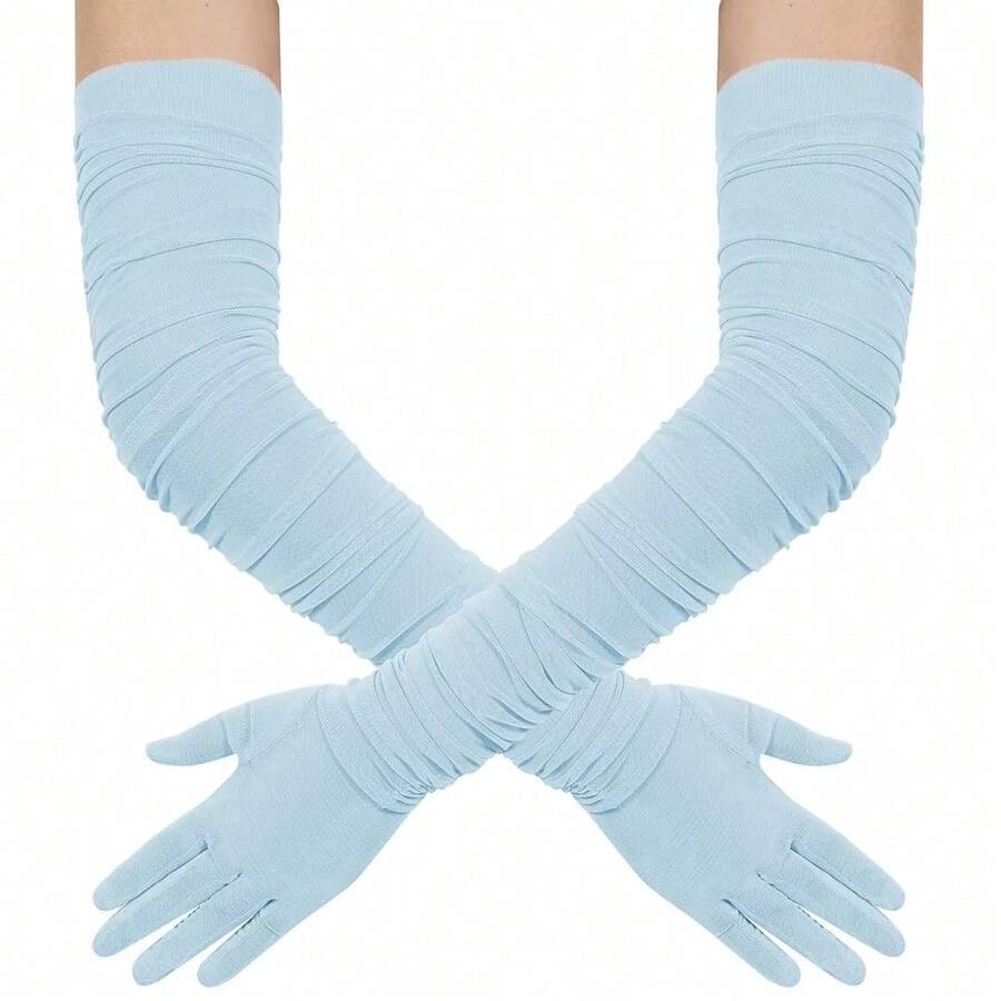 Hazhlko Women's Super Long Stretchy Ruched Mesh Tulle Sheer Gloves Costume Opera Party 1920's Dance Gloves{"Color_name":"LightBlue"} - 淺藍色 - 查看 1