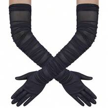 Hazhlko Women's Super Long Stretchy Ruched Mesh Tulle Sheer Gloves Costume Opera Party 1920's Dance Gloves{"Color_name":"Navy"} - Navy - 查看 1