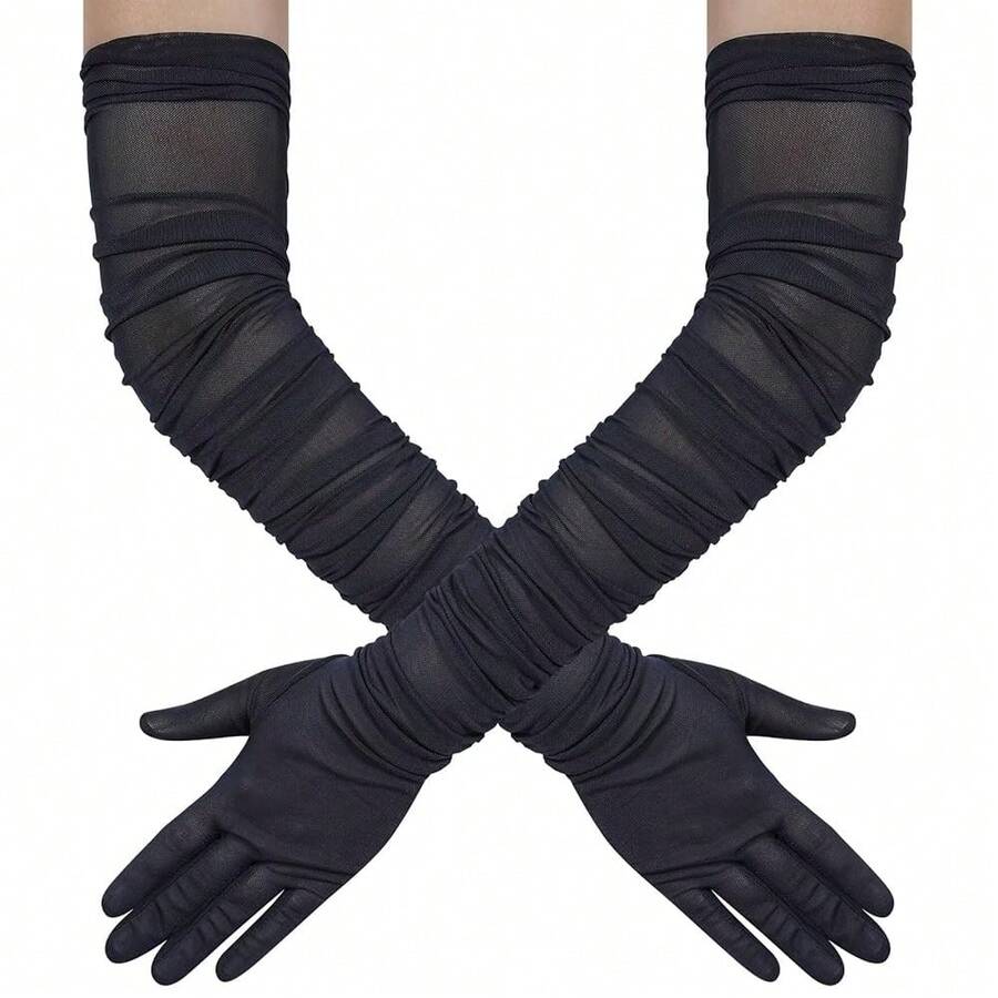 Hazhlko Women's Super Long Stretchy Ruched Mesh Tulle Sheer Gloves Costume Opera Party 1920's Dance Gloves{"Color_name":"Navy"} - Navy - 查看 1