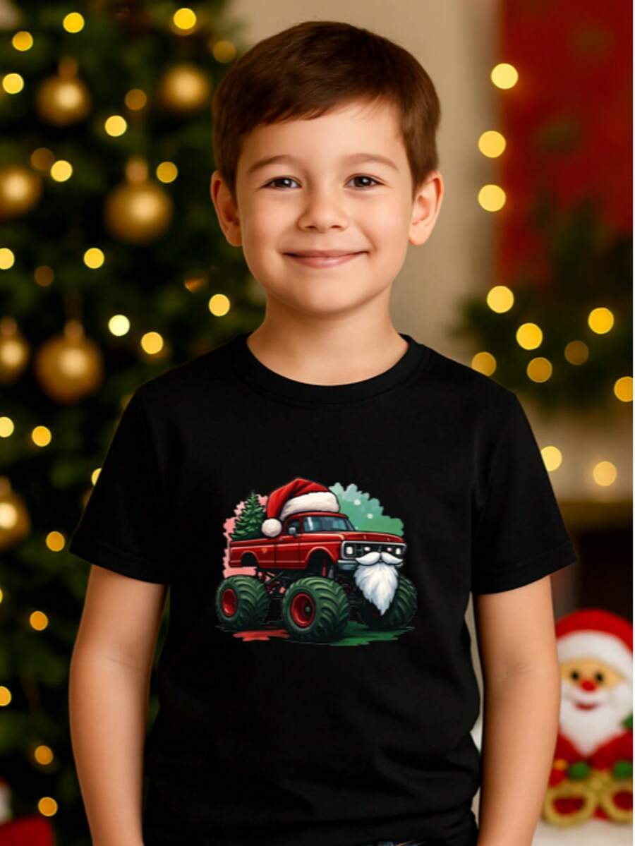 Camiseta para niños de 3 a 12 años de 100% algodón manga corta y cuello redondo, suave y comoda con diseño de Santa Monster Ride: Aventuras Navideñas en 4 Ruedas - Negro - Ver 1