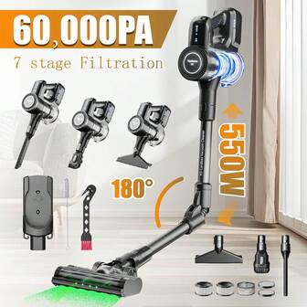 Aspirapolvere senza fili 550W Aspirapolvere portatile Aspirapolvere senza fili 15-45kPa, Regolazione potenza di aspirazione, 6 batterie da 3000mAh a lunga durata, 8 in 1, Pieghevole a 180°, Capacità 1,6 L, Adatto per la pulizia di auto, casa, ufficio, animali domestici, ecc. , Nero