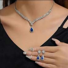 Luxury 3-Piece Necklace, Earrings And Bracelet Set With Teardrop-Shaped Cubic Zirconia Inlays, Gift - Blue - View 3