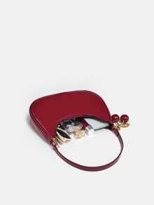 1pc Novachic Glossy Patent Leather Cherry Decor Accent Minimalist Shoulder Bag, Zipper Closure, Vintage Style, Underarm Bag, Suitable For Various Occasions, Burgundy , Red Bag , Burgundy Bag - Burgundy - View 4