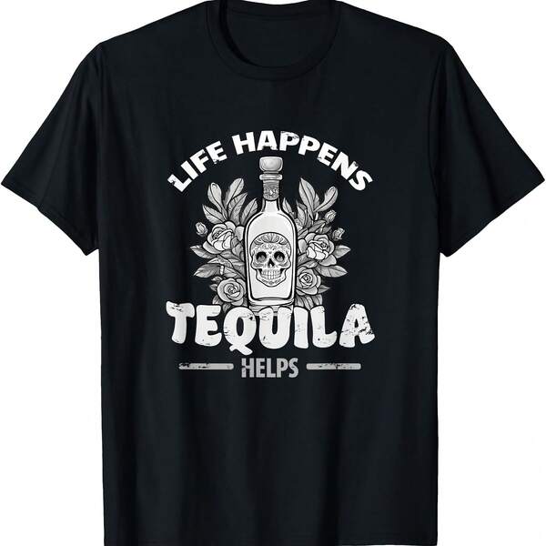 Happens Tequila Helps r Skull Day of the Dead T-Shirt All Season 220g Cotton Single Sided Printed Crew Neck Short Sleeve T Shirt