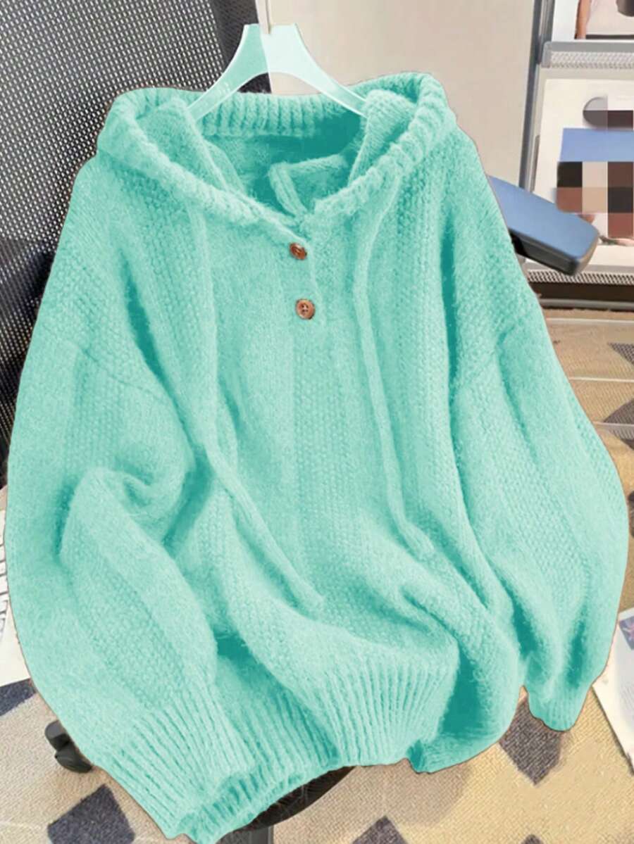 Solid Color Casual Minimalist Drawstring Hooded Pullover Sweater - Green - View 1