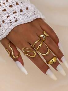 5件套复古几何圆形开口戒指和不对称液体戒指套装，时尚首饰套装，适合女性，适合节日、派对和日常佩戴。