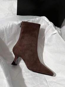 Brown One-Piece Ankle Boots With A Plain Temperament Short Boots For Women With High Heels 2025 Autumn And Winter New Versatile French Thin Heels Elastic Velvet Pointed Narrow Boots Metal Zipper At The Back - Brown - View 7