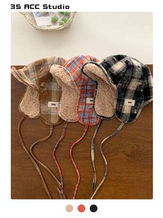 复古做旧保暖内衬飞行员帽，格子图案，带护耳，户外防风护耳帽，复古破洞设计，适合秋冬季佩戴