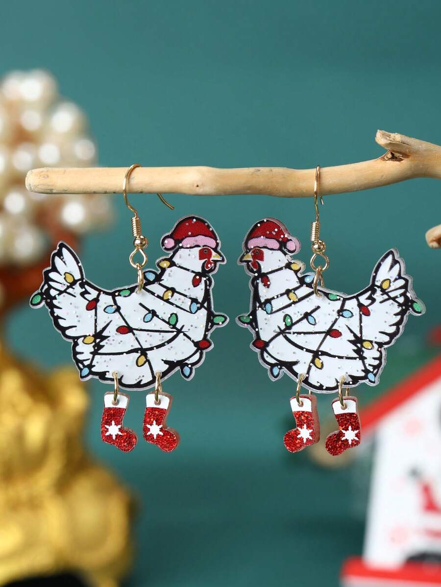 1 Pair Of Shiny Christmas Acrylic Earrings With Hats And Socks In The Shape Of Roosters, Suitable For Women As Holiday Jewelry Gifts