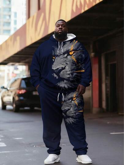 3XL 3D狮子印花连帽衫和运动裤套装，海军蓝，前后印花，抽绳，袋鼠口袋，套头卫衣和慢跑裤