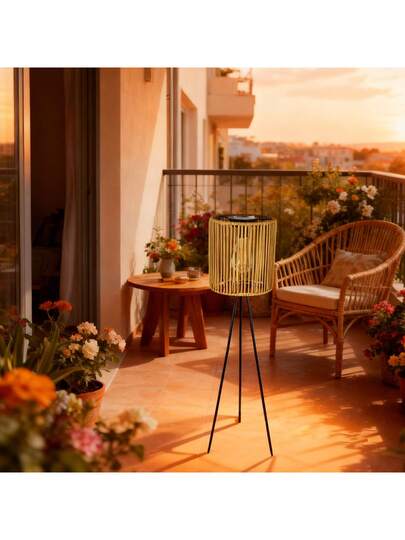 1pc made Rattan Vertical Solar Lamp, Metal Tripod Lantern, Rustic Vloer le Outdoor As Family Friends, Perfect Choice Souvenirs, Adding Natural Warm Atmosphere To Indoor/Outdoor Spaces, Versatile Camping, Garden, Patio, Pathway ation view 7