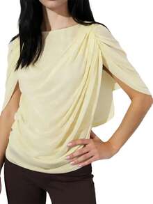 Women Dot Print Cape Tops, Slim Ruched Double-Layered Boat Neck  Summer Shirts - Yellow - View 7