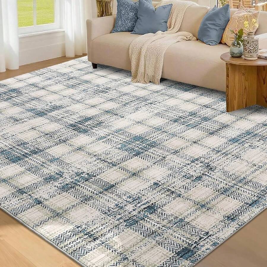 Waschbarer, weicher, karierter Teppich im traditionellen Tartan-Stil, fusselfrei, rutschfest, schmutzabweisend, für Wohnzimmer, Schlafzimmer, Büro, 60x230cm, 120x170cm, 160x230cm, 200x290cm - Blau - Übersicht 1
