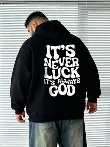 Plus Size Men's Fashionable Slogan English Graphic Casual Drawstring Pocket Hoodie Sweatshirt, Versatile For Daily, Streetwear, Outdoor Wear, Long Sleeve Top - 黑色 - 查看 1