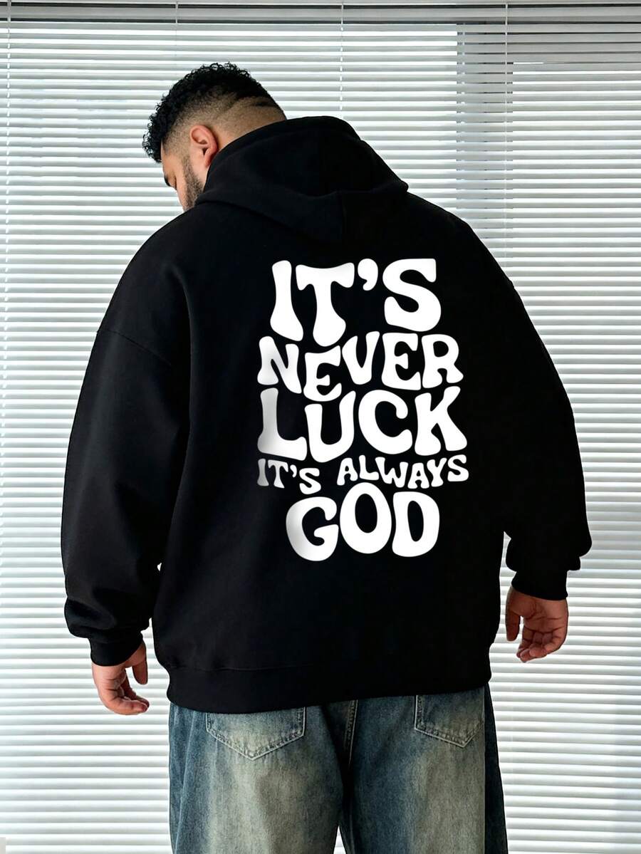 Plus Size Men's Fashionable Slogan English Graphic Casual Drawstring Pocket Hoodie Sweatshirt, Versatile For Daily, Streetwear, Outdoor Wear, Long Sleeve Top - 黑色 - 查看 1
