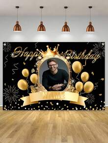 1张黑金主题乙烯基印刷海报,可定制照片和姓名,个性化生日派对装饰、家居装饰、DIY图案派对墙面装饰,适用于门廊、室内/室外庆祝活动,适用于婚礼、生日、周年纪念、毕业典礼 - 多功能派对背景,提供3种尺寸,多功能、装饰性强、可印字、时尚 - 彩色 - 查看 9