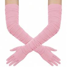 Hazhlko Women's Super Long Stretchy Ruched Mesh Tulle Sheer Gloves Costume Opera Party 1920's Dance Gloves{"Color_name":"Pink"} - 粉紅色的 - 查看 2