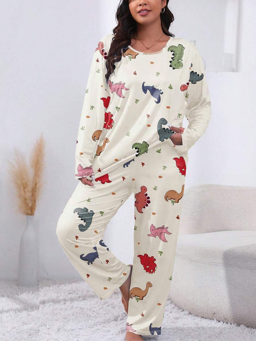 Conjunto de pijama de mujer talla grande con estampado de dinosaurio cómodo - Tela de punto suave, mezcla de poliéster y spandex, top de manga larga y pantalones, 2 piezas de ropa de dormir, adecuado para primavera, otoño e invierno, ropa de otoño, conjunto acogedor - Multicolor - Ver 1
