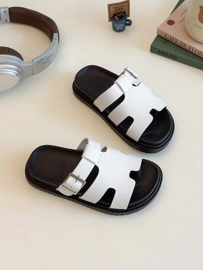 1 Pair Of Boys' Sandals, Metal Buckle Decoration, PU Leather Material, Comfortable And Easy To Walk, Toe Exposed Low Cut, No Strap (Slipper Design), Flat Heel Style, Casual Style Slippers, Suitable For Summer Home And Outdoor Play