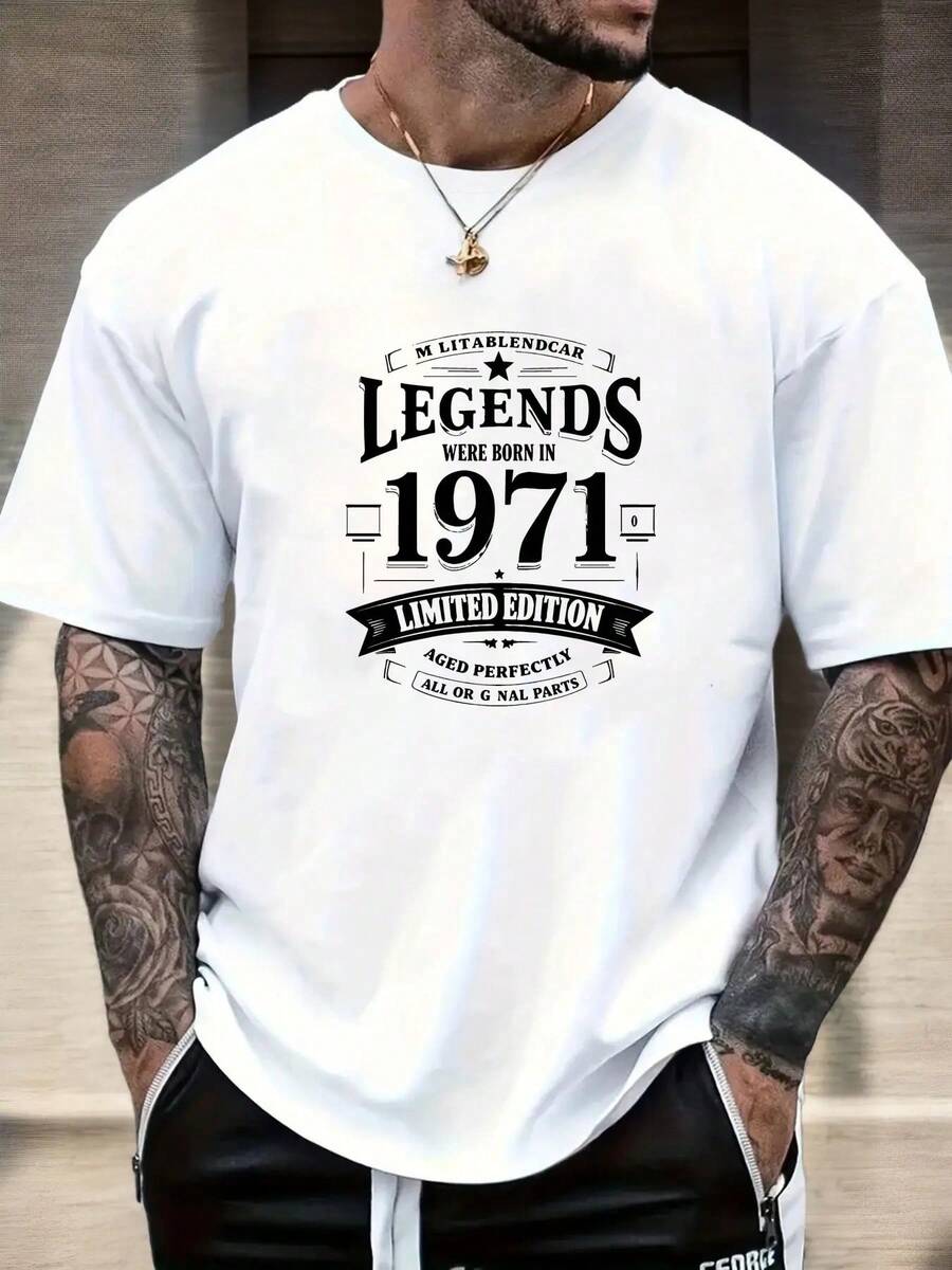 Men's Vintage 1971 Legends Born Graphic T-Shirt - Limited Edition Retro Casual Short Sleeve Round Neck Summer Tee, Black With White Print, Regular Fit, Vintage Tshirt, Casual Attire, Classic Fit Tee, Durable Casualwear, Streetwear Style, Minimalist Design, Highquality Tee, Printed Shirt, Streetwear Lovers - White - View 1