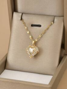 1 件奢华海洋之心不锈钢水晶心形项链，适合女士，适合派对、日常佩戴、欧美风格、独特、大方、方晶锆石、婚礼珠宝、送给女孩、亲戚、朋友、生日、情人节、爱人的礼物 - 金黃色 - 查看 2