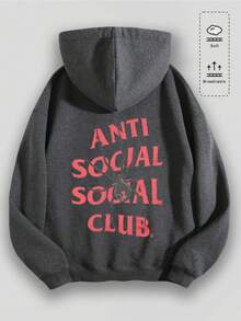 EWH Aged Washed Cotton Crew Neck 270g Double-Sided Printing Men's Hoodie With Soft And Breathable Fabric, Featuring The Red Text "ANTI SOClAL SOCIAL CLUB" Y2k,Soulja,Concert,Halloween,Gothic,Vintage,Streetwear Graphic,009-AB - 灰色 - 查看 2