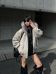 New For 2026: Hooded, Fur-Collared, Padded Coat For Couples, Unisex, Tie-Dye, Thick, Warm Outerwear, Cold Weather, Versatile, Cotton Jacket, Unisex Down Jacket, Plain, Casual, Fuzzy, Zipper, Pockets, Perfect For Everyday Wear - Light Grey - View 4