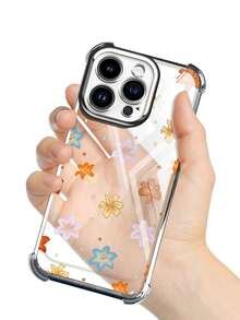 Custodia per iPhone 14 15 16 Pro Max 14 15 Plus 16 Plus 11 12 13 Pro Max, morbida custodia inferiore in silicone trasparente con custodia protettiva in TPU a schermo intero con fiore arancione e lente all-inclusive