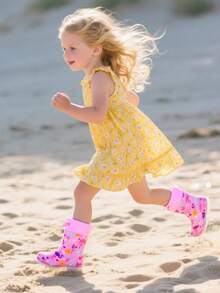 Girls Pink Flamingo Rain Boots With Drawstring, Waterproof Easy-On Boots For Outdoor Play - 粉色 - 查看 5
