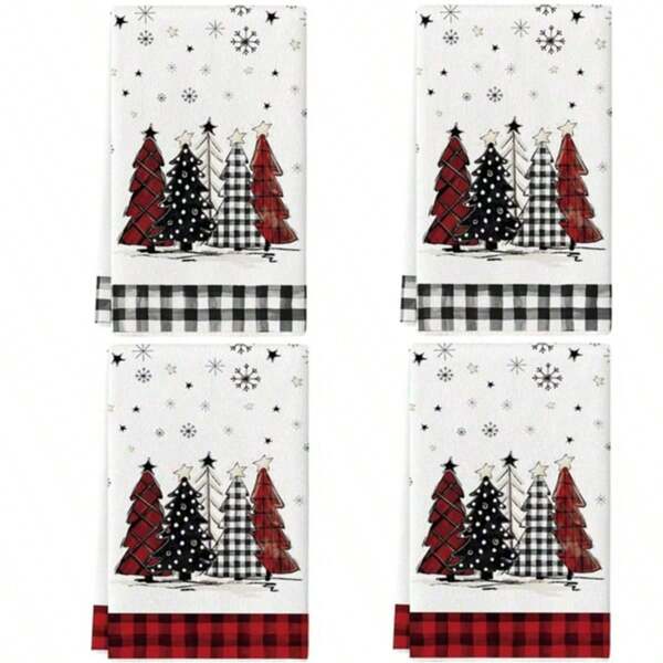 2/4 pièces Serviettes de cuisine et gants de vaisselle de Noël, décoration d'arbre de Noël rouge, torchons secs d'hiver, pour la cuisine et la cuisson