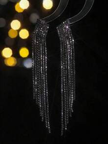 1 Pair Rhinestone Encrusted Long Tassel Earrings, Versatile For Daily Wear - Black Slant - View 2
