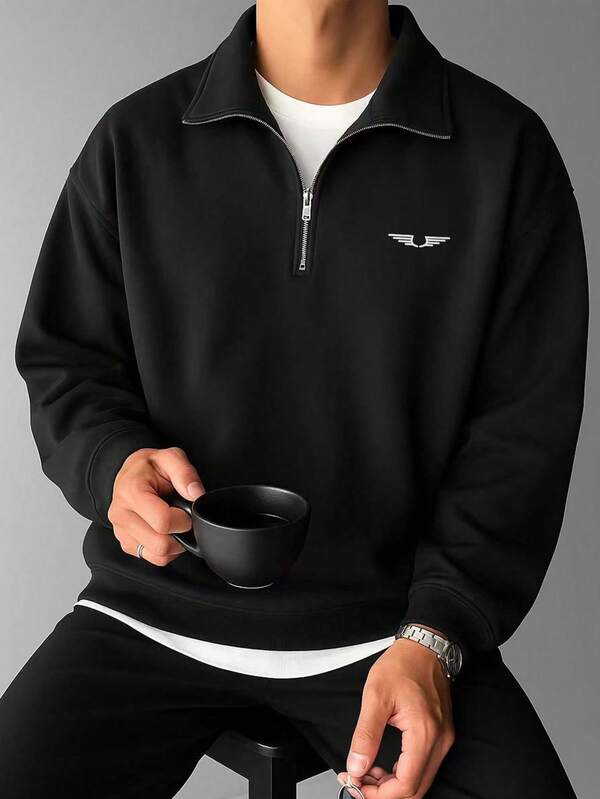 Men's New Solid Color Sweatshirt With Half-Zip Design, American Retro High-Quality Top