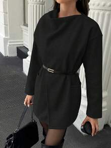 Scarf Shawl Floral Chiffon Hidden Button Pocket Woolen Coat - Black - View 4