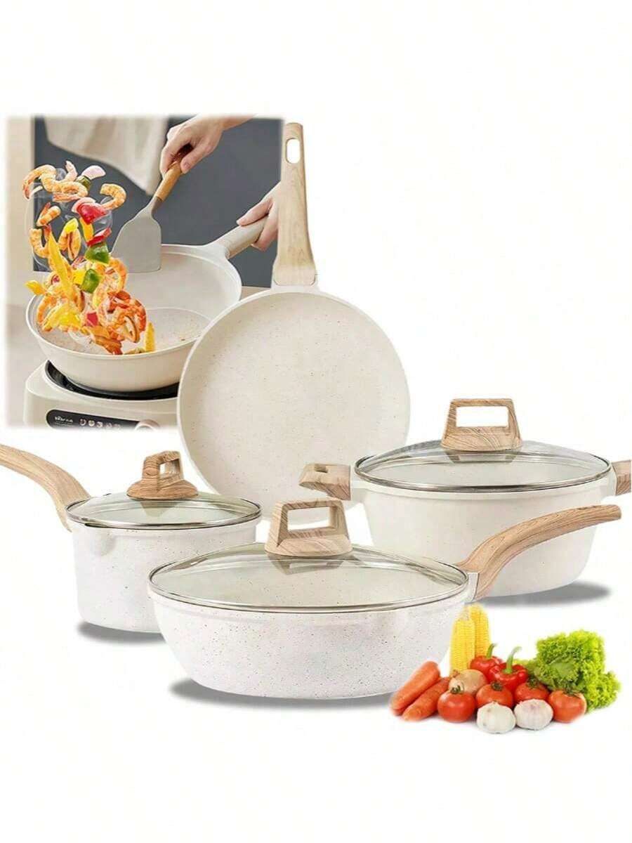 Juego de ollas antiadherentes de 7 piezas, de cerámica antiadherente, de granito. Libre de PFAS, PFOA, plomo y cadmio. Ligero, de calentamiento rápido y uniforme, fácil de limpiar, ultrarresistente, con asas extraíbles de imitación de baquelita. Versátiles ollas de granito aptas para todo tipo de cocinas, incluyendo inducción, gas, eléctricas y vitrocerámica. Diseño apilable o encajable. Se guardan fácilmente en armarios o cajones. Ideales también para camping y viajes en autocaravana - Beis - Ver 1