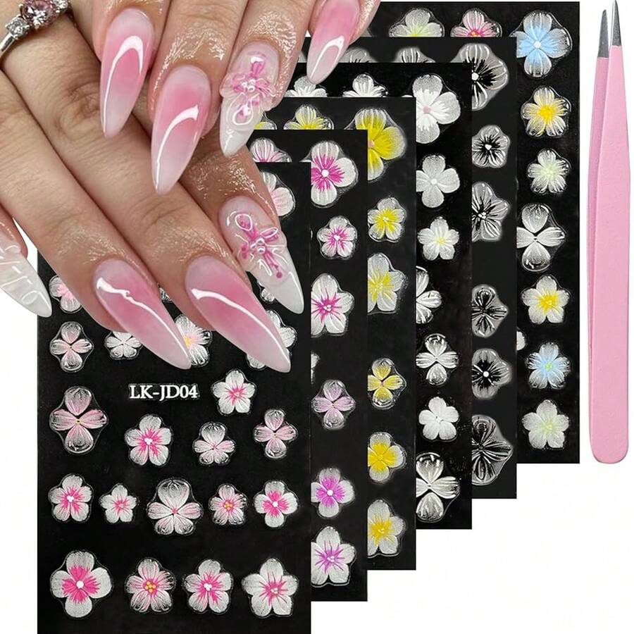 Nail Art Stickers Decals 5D Embossed Flower Nail Decals Self Adhesive Spring Summer Plumeria Nails Supplies 3D Design For Women Nails Decoration Yellow Black Flower Stickers{Inchcolor_nameinch:InchColorful-17inch} - 彩色-17 - 查看 1